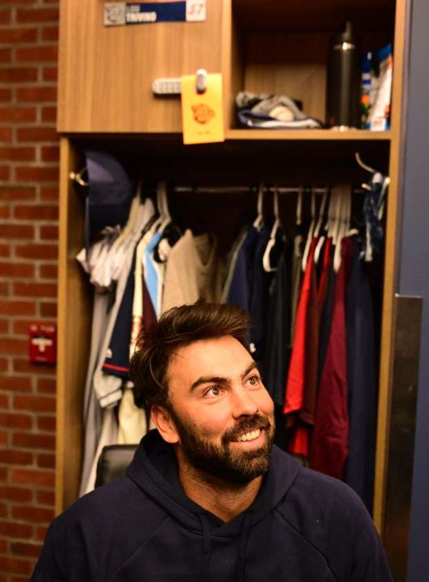 Lehigh Valley IronPigs Lou Trivino talks Wednesday, March 25, 2026, to the media during media day at Coca-Cola Park in Allentown. (Monica Cabrera/The Morning Call)