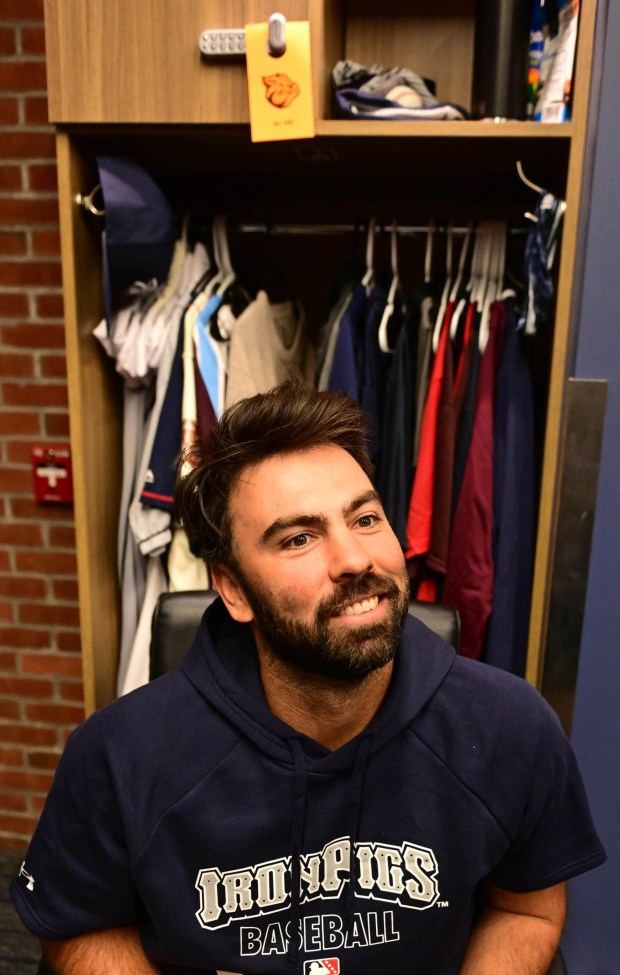 Lehigh Valley IronPigs Lou Trivino talks Wednesday, March 25, 2026, to the media during media day at Coca-Cola Park in Allentown. (Monica Cabrera/The Morning Call)