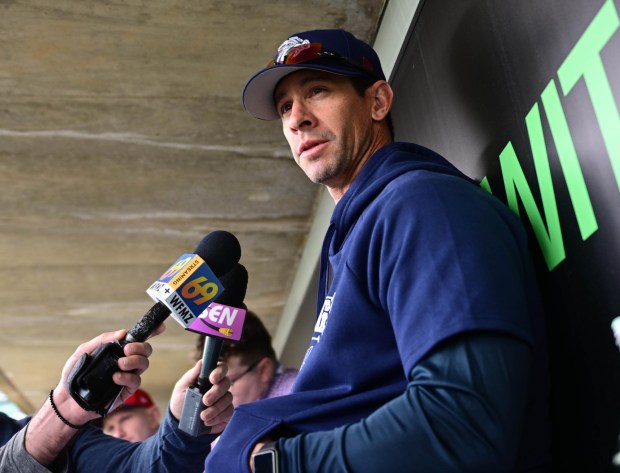 Iron Pig's manager Anthony Contreras speaks Wednesday, March 25, 2026, during IronPigs media day at Coca-Cola Park in Allentown. (Monica Cabrera/The Morning Call)