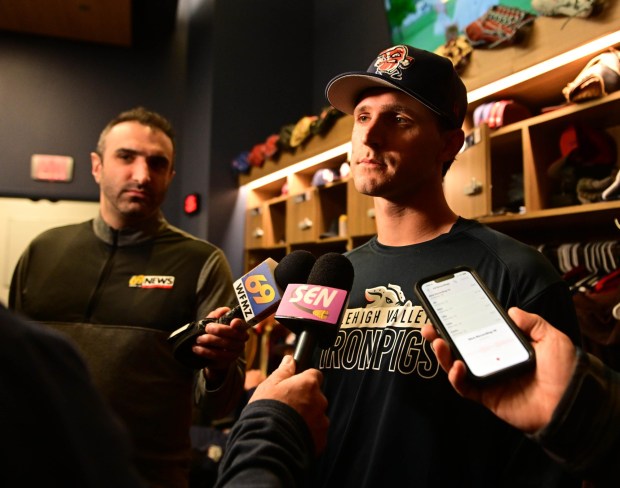 Lehigh Valley IronPigs Griff McGarry speaks Wednesday, March 25, 2026, during IronPigs media day at Coca-Cola Park in Allentown. (Monica Cabrera/The Morning Call)