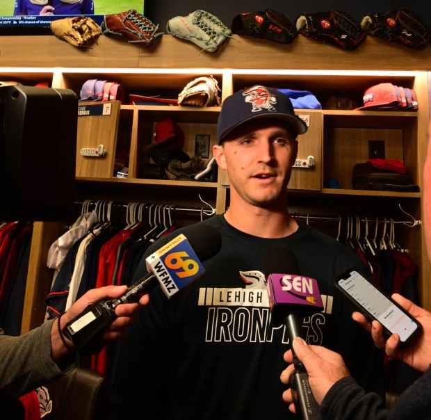Lehigh Valley IronPigs Griff McGarry speaks Wednesday, March 25, 2026, during IronPigs media day at Coca-Cola Park in Allentown. (Monica Cabrera/The Morning Call)