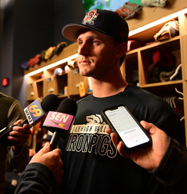 Lehigh Valley IronPigs Griff McGarry speaks Wednesday, March 25, 2026, during IronPigs media day at Coca-Cola Park in Allentown.(Monica Cabrera/The Morning Call)
