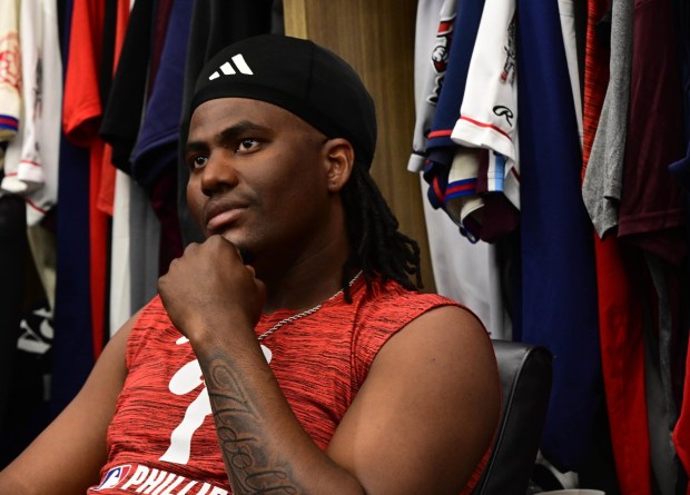 Lehigh Valley IronPigs Felix Reyes sits Wednesday, March 25, 2026, at his locker inside the IronPigs clubhouse during media day at Coca-Cola park in Allentown. (Monica Cabrera/The Morning Call)