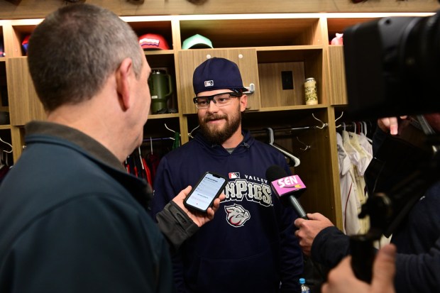 Lehigh Valley IronPigs Chase Shugart speaks Wednesday, March 25, 2026, at his locker inside the IronPigs clubhouse during media day at Coca-Cola park in Allentown. (Monica Cabrera/The Morning Call)