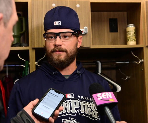 Lehigh Valley IronPigs Chase Shugart speaks Wednesday, March 25, 2026, at his locker inside the IronPigs clubhouse during media day at Coca-Cola park in Allentown. (Monica Cabrera/The Morning Call)