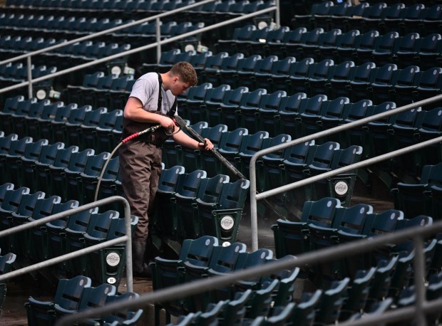 The seating sections are power washed Wednesday, March 25, 2026, to prepared for IronPigs opening day on Friday at Coca-Cola park in Allentown. (Monica Cabrera/The Morning Call)