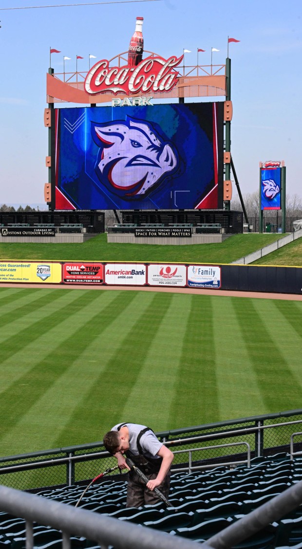 The seating sections are power washed Wednesday, March 25, 2026, to prepared for IronPigs opening day on Friday at Coca-Cola park in Allentown. (Monica Cabrera/The Morning Call)