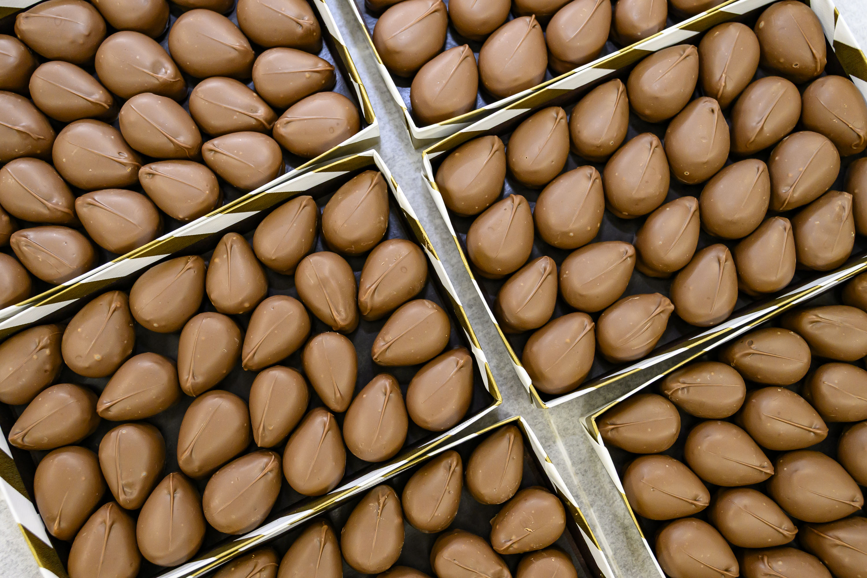 Hand-crafted peanut butter cream eggs are ready to be boxed...