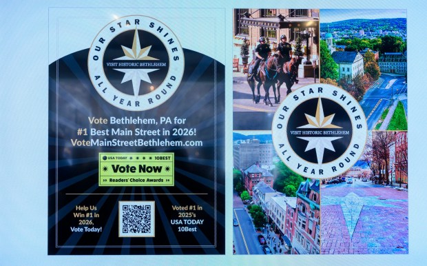 A new marketing initiative called Our Star Shines All Year Round to encourage travelers to visit the city all year is displayed Monday, March 9, 2026, during a news conference at Schropp Dry Goods Shoppe in Bethlehem. The news conference also unveiled that Main Street in Bethlehem was nominated in USA Today's 10Best Main Street competition for 2026. It won in 2025. (April Gamiz/The Morning Call)