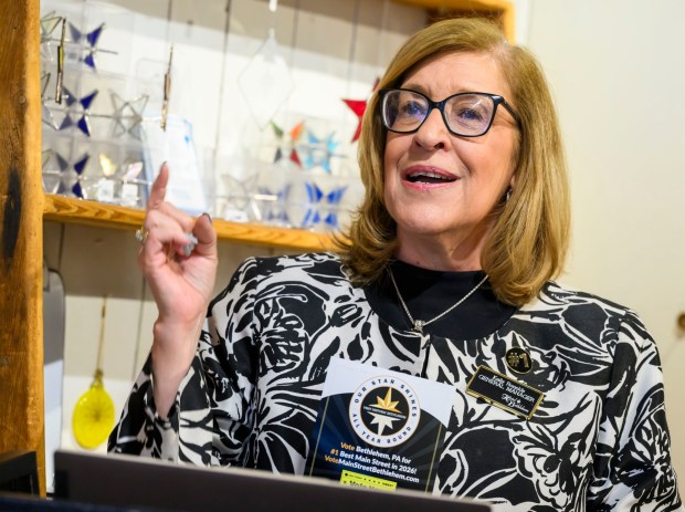 Kelly Ronalds, general manager of the Historic Hotel Bethlehem, speaks Monday, March 9, 2026, during a news conference at Schropp Dry Goods Shoppe in Bethlehem unveiling that Main Street in Bethlehem was nominated in USA Today's 10Best Main Street competition for 2026. It won in 2025 in an effort led by the hotel's marketing team. The news conference also introduced the Our Star Shines All Year Round marketing campaign to encourage travelers to visit the city. (April Gamiz/The Morning Call)