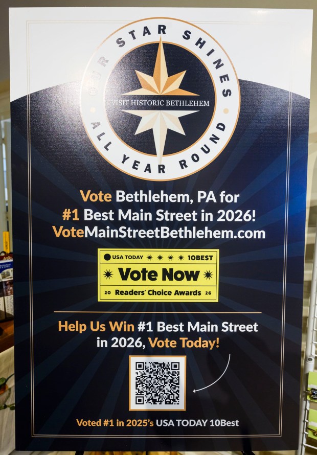 A new marketing initiative called Our Star Shines All Year Round to encourage travelers to visit the city all year is displayed Monday, March 9, 2026, during a news conference at Schropp Dry Goods Shoppe in Bethlehem. The news conference also unveiled that Main Street in Bethlehem was nominated in USA Today's 10Best Main Street competition for 2026. It won in 2025. (April Gamiz/The Morning Call)
