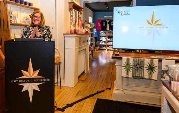 Kelly Ronalds, general manager of the Historic Hotel Bethlehem, speaks Monday, March 9, 2026, during a news conference at Schropp Dry Goods Shoppe in Bethlehem unveiling that Main Street in Bethlehem was nominated in USA Today's 10Best Main Street competition for 2026. It won in 2025 in an effort led by the hotel's marketing team. The news conference also introduced the Our Star Shines All Year Round marketing campaign to encourage travelers to visit the city. (April Gamiz/The Morning Call)