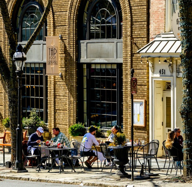 Main Street in Bethlehem bustles with people Monday, March 9, 2026, after a news conference at Schropp Dry Goods Shoppe in the city unveiling that the area was nominated in USA Today's 10Best Main Street competition for 2026. It won in 2025. The news conference also promoted the Our Star Shines All Year Round initiative designed to convince travelers to visit Bethlehem. (April Gamiz/The Morning Call)