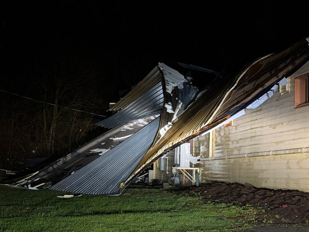 Wind blew the roof off The New Santiago's Restaurant on Route 309 in Coopersburg on Monday night, March 16, 2026, as storms moved through the Lehigh Valley. (Rich Rolen/Special to The Morning Call)