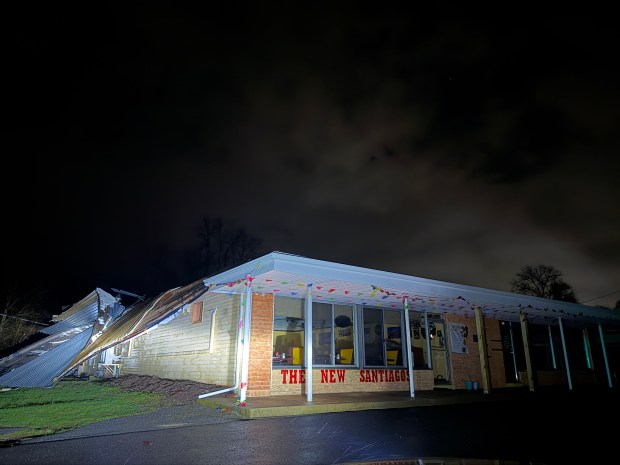 Wind blew the roof off The New Santiago's Restaurant on Route 309 in Coopersburg on Monday night, March 16, 2026, as storms moved through the Lehigh Valley. (Rich Rolen/Special to The Morning Call)
