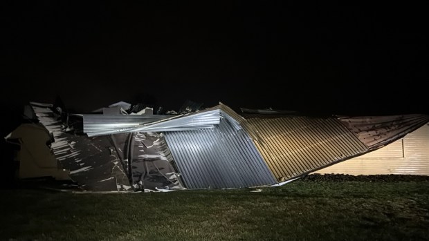 Wind blew the roof off The New Santiago's Restaurant on Route 309 in Coopersburg on Monday night, March 16, 2026, as storms moved through the Lehigh Valley. (Rich Rolen/Special to The Morning Call)