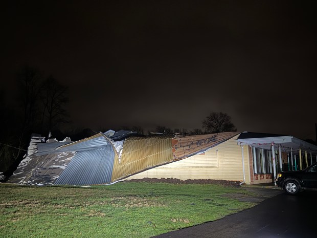Wind blew the roof off The New Santiago's Restaurant on Route 309 in Coopersburg on Monday night, March 16, 2026, as storms moved through the Lehigh Valley. (Rich Rolen/Special to The Morning Call)