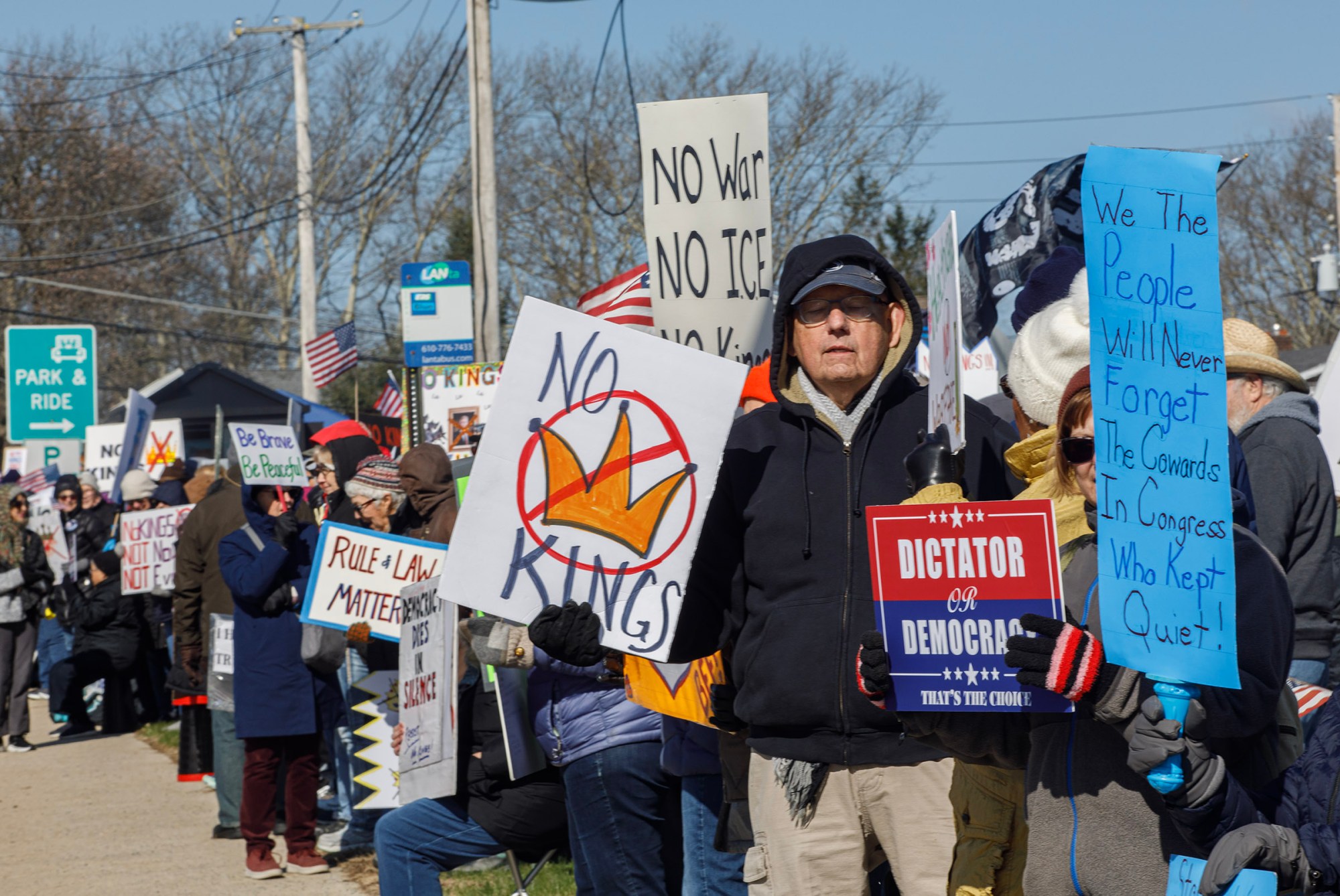 People protest as part of the No Kings protest at Emrick Boulevard and William Penn Highway on Saturday, March 28, 2026, in Bethlehem Township. Lehigh Valley activists said they hoped Saturday's protests would become a tipping point in the anti-Trump movement, with thousands expected to participate in events locally and millions nationwide. (Jane Therese/Special to The Morning Call)