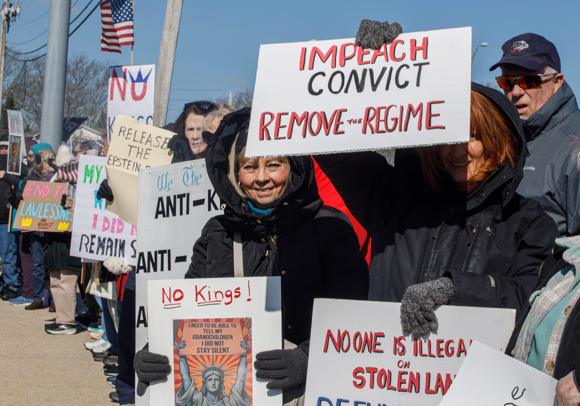 People protest as part of the No Kings protest at Emrick Boulevard and William Penn Highway on Saturday, March 28, 2026, in Bethlehem Township. Lehigh Valley activists said they hoped Saturday's protests would become a tipping point in the anti-Trump movement, with thousands expected to participate in events locally and millions nationwide. (Jane Therese/Special to The Morning Call)