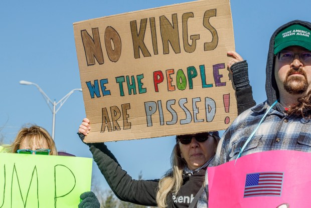 People protest as part of the No Kings protest at Emrick Boulevard and William Penn Highway on Saturday, March 28, 2026, in Bethlehem Township. Lehigh Valley activists said they hoped Saturday's protests would become a tipping point in the anti-Trump movement, with thousands expected to participate in events locally and millions nationwide. (Jane Therese/Special to The Morning Call)