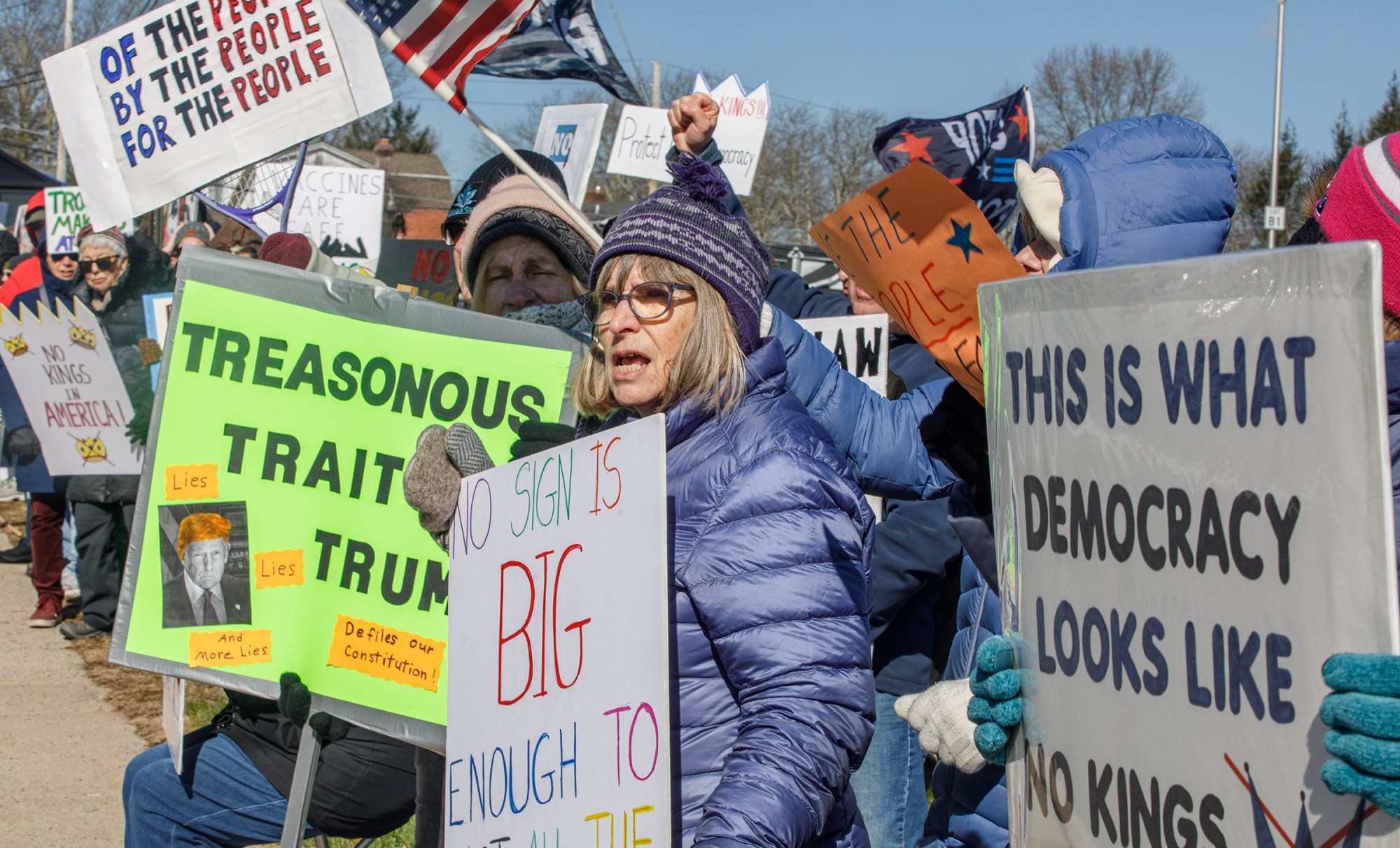 People protest as part of the No Kings protest at Emrick Boulevard and William Penn Highway on Saturday, March 28, 2026, in Bethlehem Township. Lehigh Valley activists said they hoped Saturday's protests would become a tipping point in the anti-Trump movement, with thousands expected to participate in events locally and millions nationwide. (Jane Therese/Special to The Morning Call)