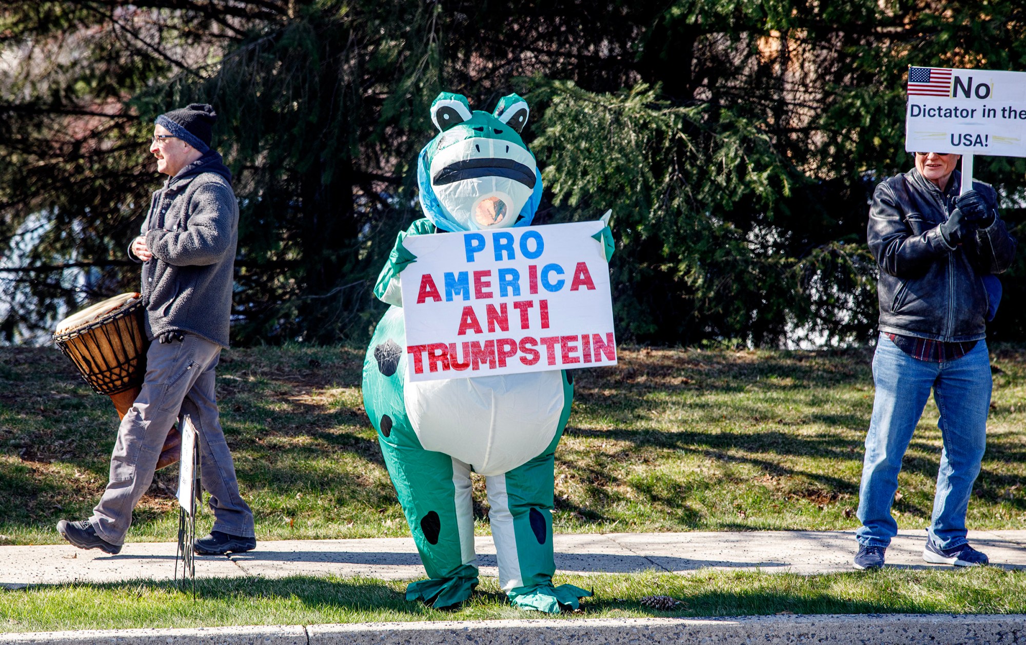 People protest as part of the No Kings protest at Emrick Boulevard and William Penn Highway on Saturday, March 28, 2026, in Bethlehem Township. Lehigh Valley activists said they hoped Saturday's protests would become a tipping point in the anti-Trump movement, with thousands expected to participate in events locally and millions nationwide. (Jane Therese/Special to The Morning Call)