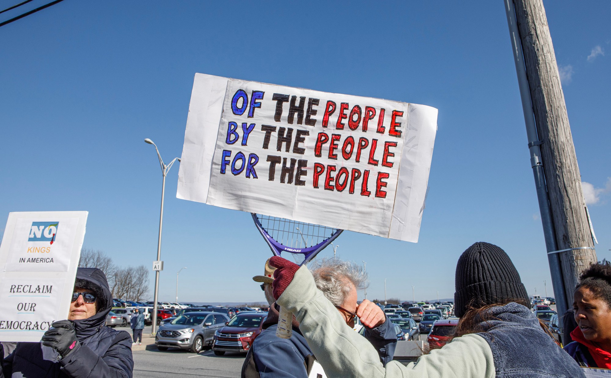 People protest as part of the No Kings protest at Emrick Boulevard and William Penn Highway on Saturday, March 28, 2026, in Bethlehem Township. Lehigh Valley activists said they hoped Saturday's protests would become a tipping point in the anti-Trump movement, with thousands expected to participate in events locally and millions nationwide. (Jane Therese/Special to The Morning Call)