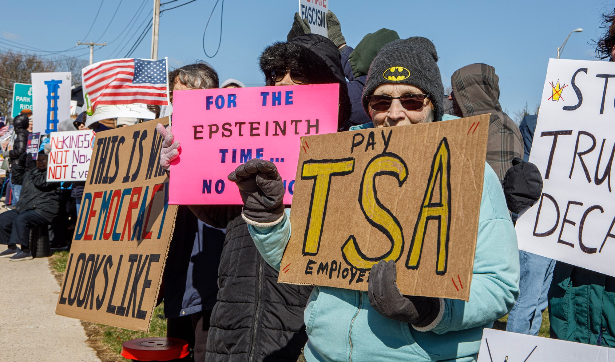 People protest as part of the No Kings protest at Emrick Boulevard and William Penn Highway on Saturday, March 28, 2026, in Bethlehem Township. Lehigh Valley activists said they hoped Saturday's protests would become a tipping point in the anti-Trump movement, with thousands expected to participate in events locally and millions nationwide. (Jane Therese/Special to The Morning Call)