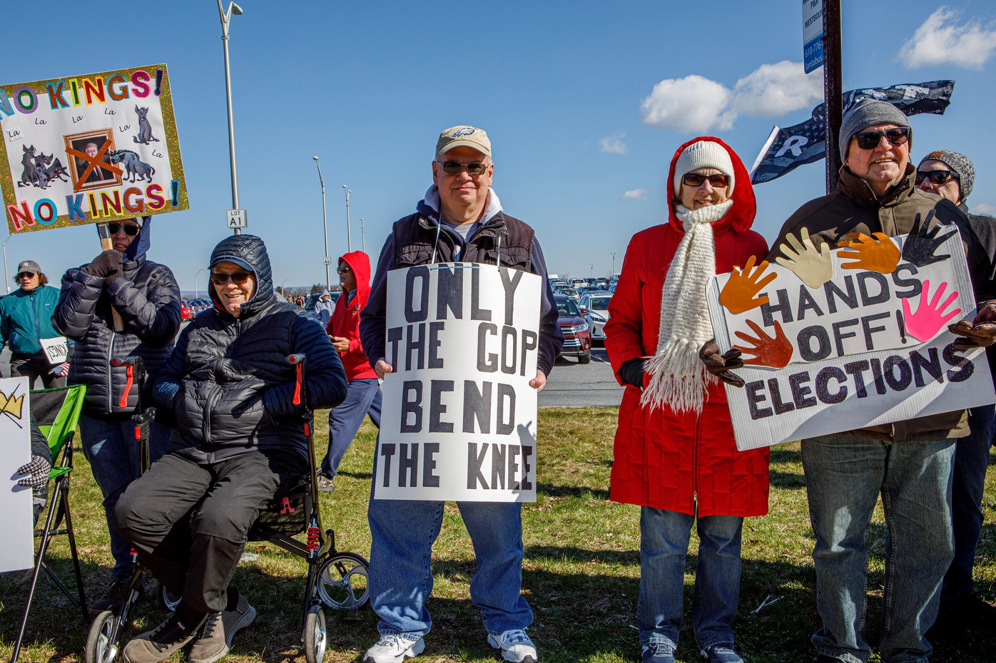 People protest as part of the No Kings protest at Emrick Boulevard and William Penn Highway on Saturday, March 28, 2026, in Bethlehem Township. Lehigh Valley activists said they hoped Saturday's protests would become a tipping point in the anti-Trump movement, with thousands expected to participate in events locally and millions nationwide. (Jane Therese/Special to The Morning Call)