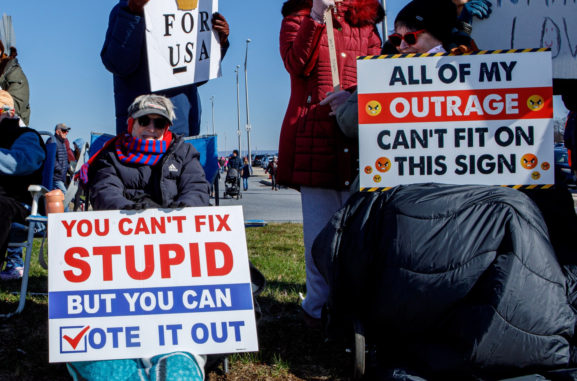 People protest as part of the No Kings protest at Emrick Boulevard and William Penn Highway on Saturday, March 28, 2026, in Bethlehem Township. Lehigh Valley activists said they hoped Saturday's protests would become a tipping point in the anti-Trump movement, with thousands expected to participate in events locally and millions nationwide. (Jane Therese/Special to The Morning Call)