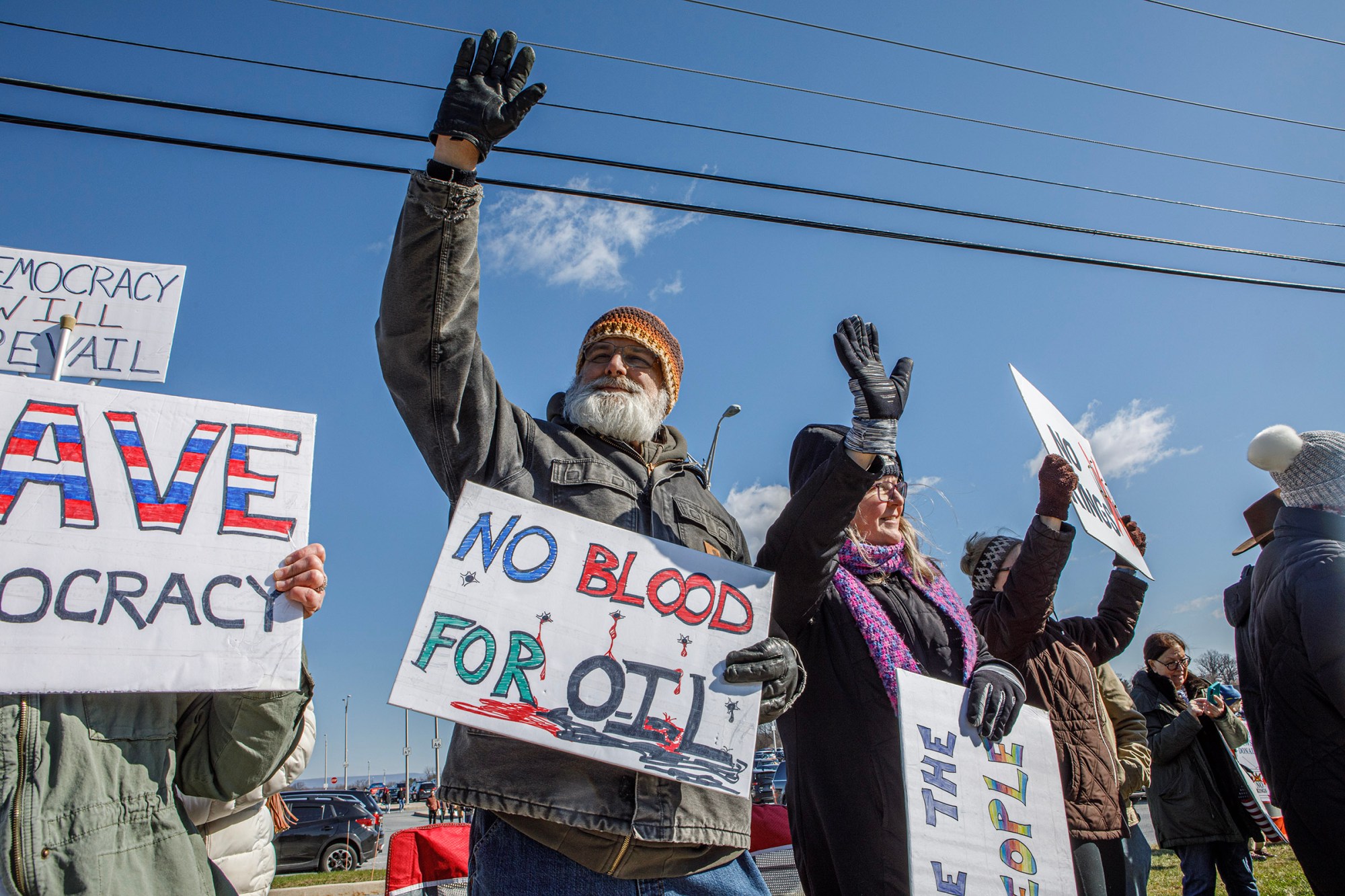 People protest as part of the No Kings protest at Emrick Boulevard and William Penn Highway on Saturday, March 28, 2026, in Bethlehem Township. Lehigh Valley activists said they hoped Saturday's protests would become a tipping point in the anti-Trump movement, with thousands expected to participate in events locally and millions nationwide. (Jane Therese/Special to The Morning Call)