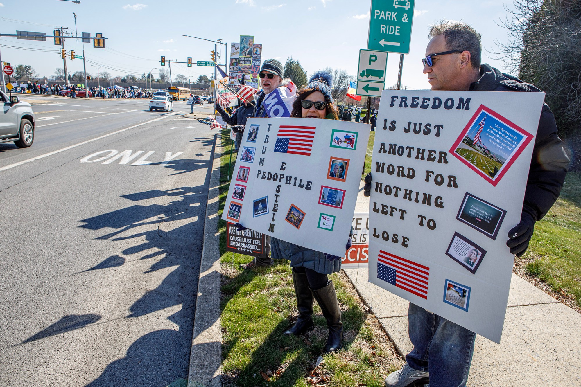 People protest as part of the No Kings protest at Emrick Boulevard and William Penn Highway on Saturday, March 28, 2026, in Bethlehem Township. Lehigh Valley activists said they hoped Saturday's protests would become a tipping point in the anti-Trump movement, with thousands expected to participate in events locally and millions nationwide. (Jane Therese/Special to The Morning Call)