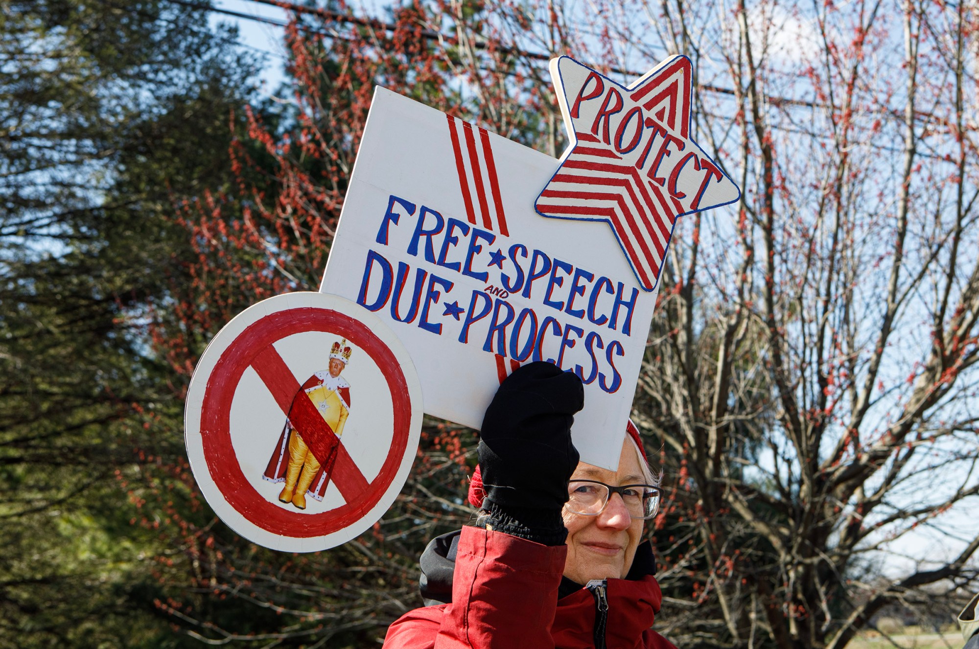 Sarah Cloutier of Bath protests during the No Kings protest at Emrick Boulevard and William Penn Highway on Saturday, March 28, 2026, in Bethlehem Township. Lehigh Valley activists said they hoped Saturday's protests would become a tipping point in the anti-Trump movement, with thousands expected to participate in events locally and millions nationwide. (Jane Therese/Special to The Morning Call)