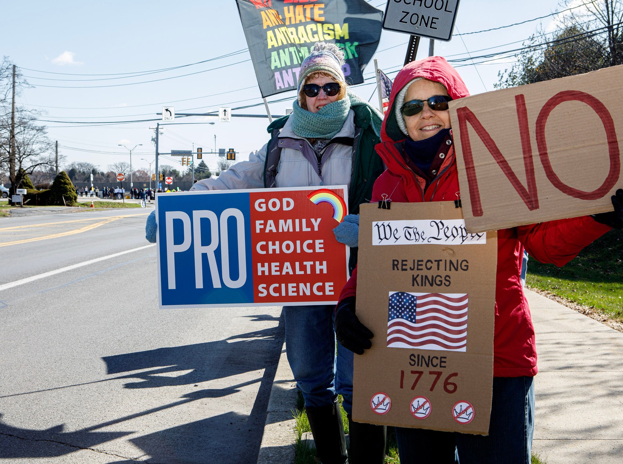 People protest as part of the No Kings protest at Emrick Boulevard and William Penn Highway on Saturday, March 28, 2026, in Bethlehem Township. Lehigh Valley activists said they hoped Saturday's protests would become a tipping point in the anti-Trump movement, with thousands expected to participate in events locally and millions nationwide. (Jane Therese/Special to The Morning Call)