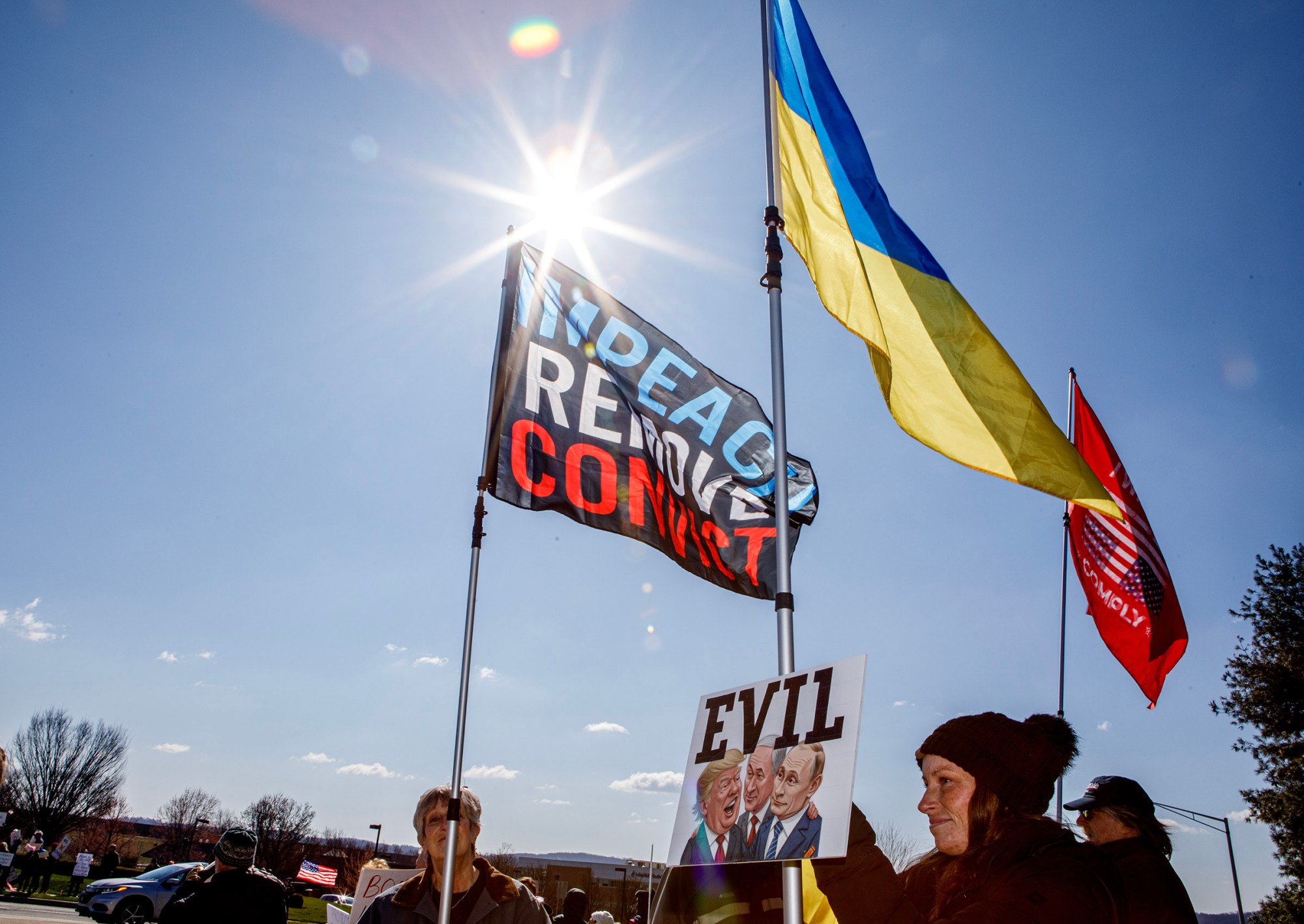 People protest as part of the No Kings protest at Emrick Boulevard and William Penn Highway on Saturday, March 28, 2026, in Bethlehem Township. Lehigh Valley activists said they hoped Saturday's protests would become a tipping point in the anti-Trump movement, with thousands expected to participate in events locally and millions nationwide. (Jane Therese/Special to The Morning Call)