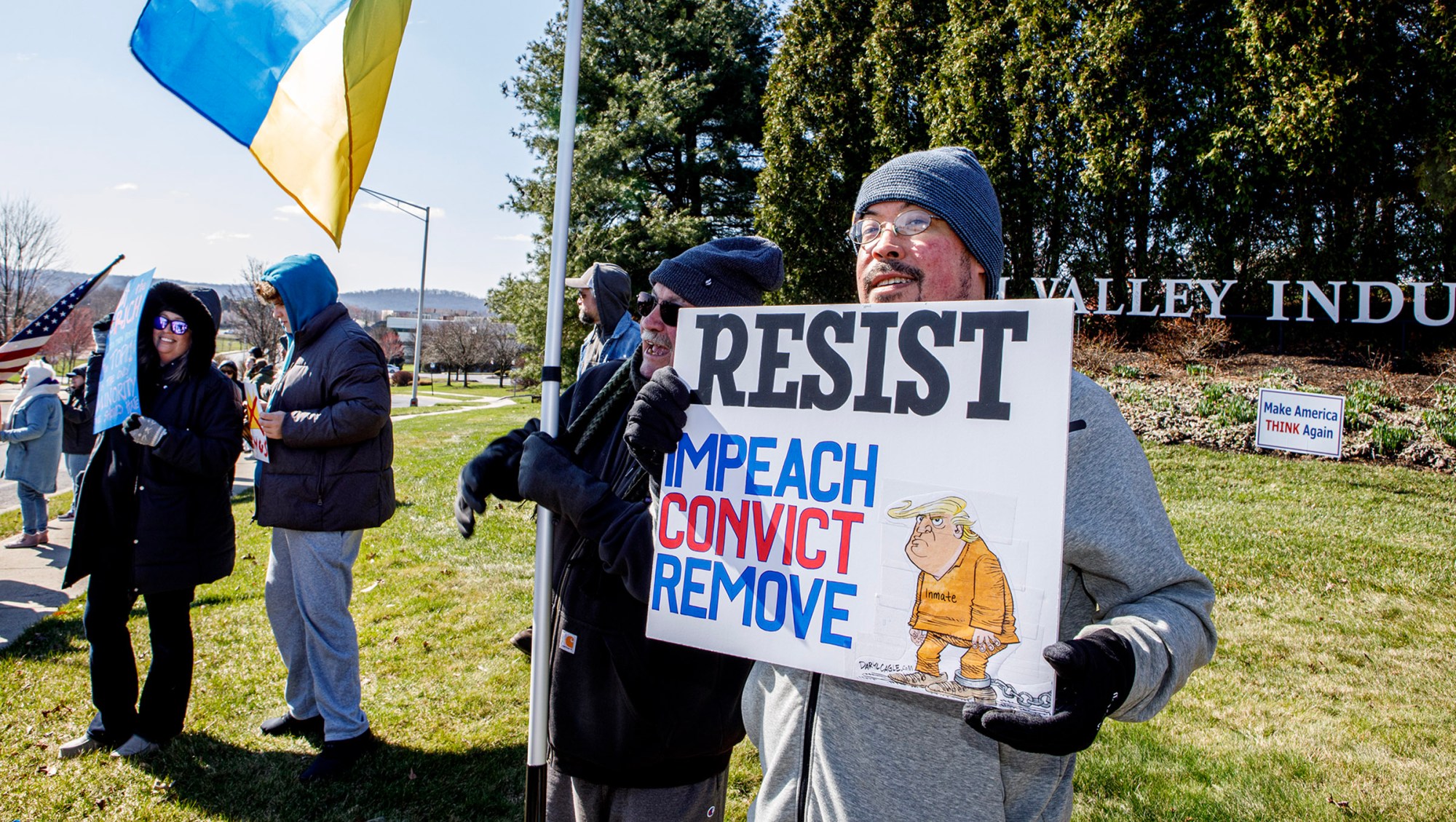 People protest as part of the No Kings protest at Emrick Boulevard and William Penn Highway on Saturday, March 28, 2026, in Bethlehem Township. Lehigh Valley activists said they hoped Saturday's protests would become a tipping point in the anti-Trump movement, with thousands expected to participate in events locally and millions nationwide. (Jane Therese/Special to The Morning Call)