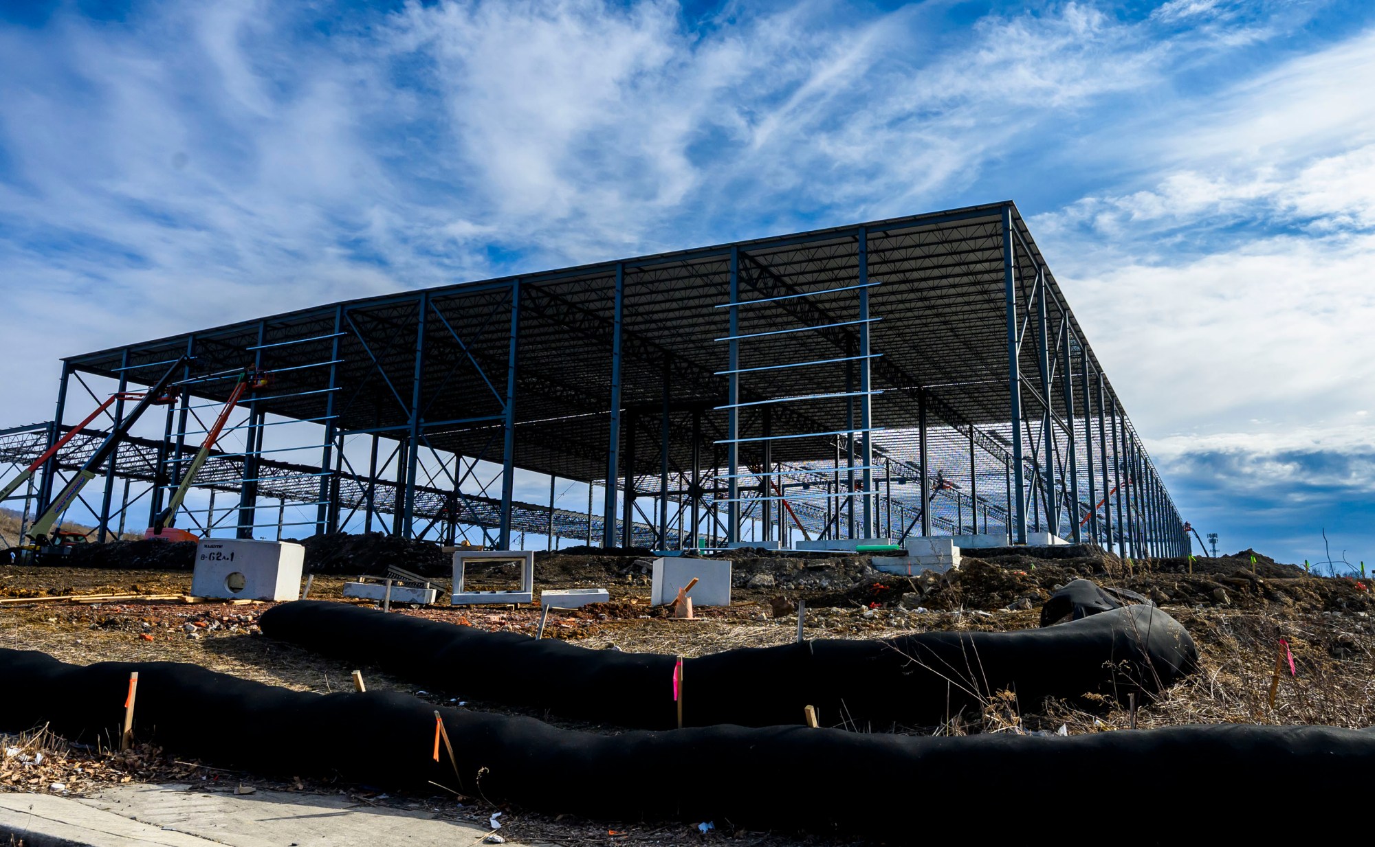 Construction continues on an industrial building Monday, March 2, 2026, at a 26-acre lot at 2141 Commerce Center Blvd., in Bethlehem. The project is being developed by JERC Partners XCII LLC, a J.G. Petrucci Co. entity, and Lehigh Valley Industrial Park. (April Gamiz/The Morning Call)