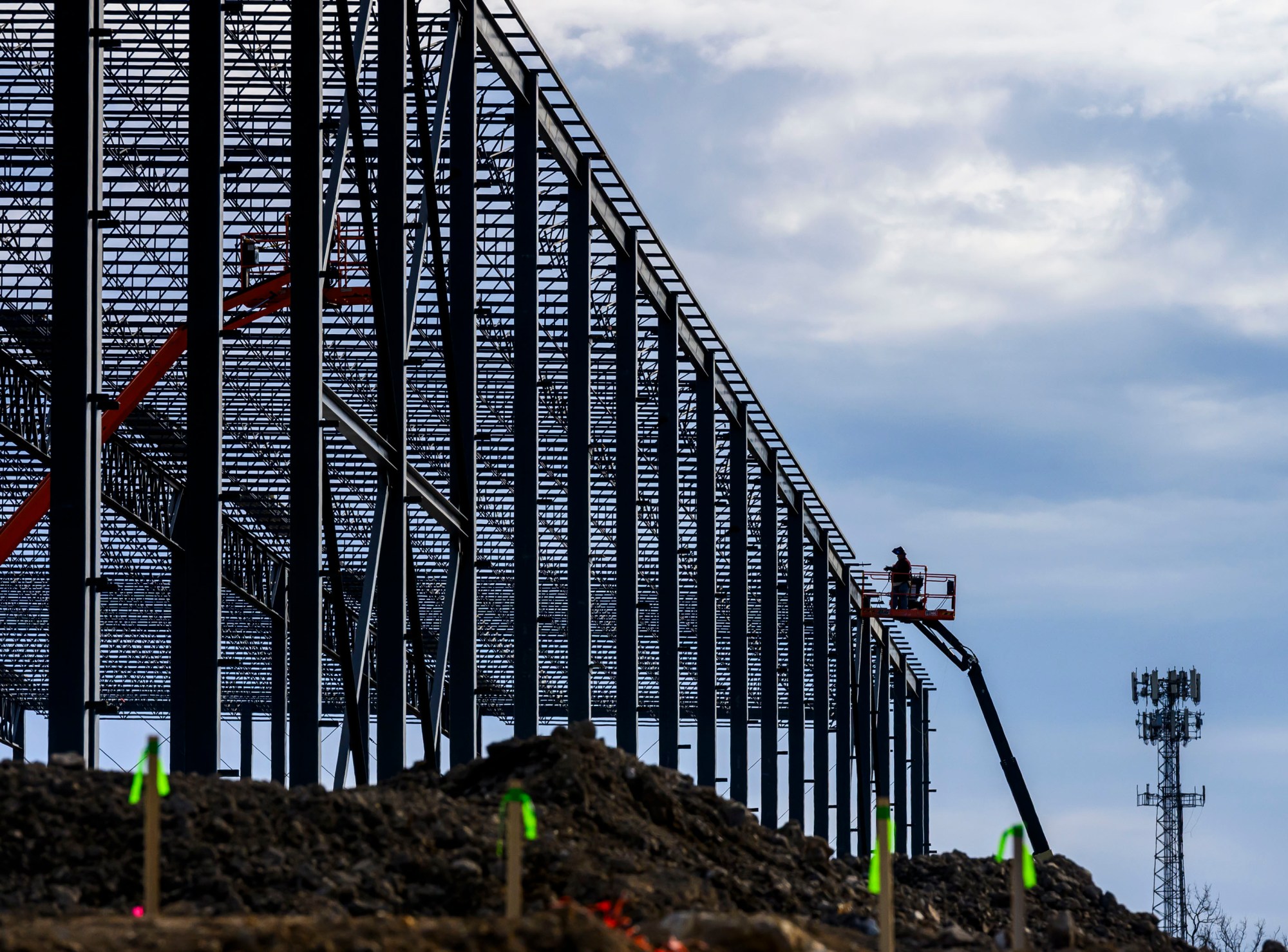 Construction continues on an industrial building Monday, March 2, 2026, at a 26-acre lot at 2141 Commerce Center Blvd., in Bethlehem. The project is being developed by JERC Partners XCII LLC, a J.G. Petrucci Co. entity, and Lehigh Valley Industrial Park. (April Gamiz/The Morning Call)
