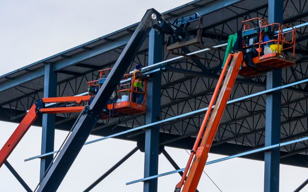 Construction continues on an industrial building Monday, March 2, 2026, at a 26-acre lot at 2141 Commerce Center Blvd., in Bethlehem. The project is being developed by JERC Partners XCII LLC, a J.G. Petrucci Co. entity, and Lehigh Valley Industrial Park. (April Gamiz/The Morning Call)