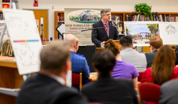Mark J. Madson, Ed.D., Superintendent of Schools speaks Friday, March 6, 2026, during the groundbreaking for an 84,914-square-foot addition at Parkland High School in South Whitehall Township. That construction, plus renovations, is expected to be done by December 2027. The expansion and renovation will include 30 new classrooms, 16 new labs, two enclosed, outdoor courtyards, a renovated media center and cafeteria and a new athletics entrance and lobby. (April Gamiz/The Morning Call)