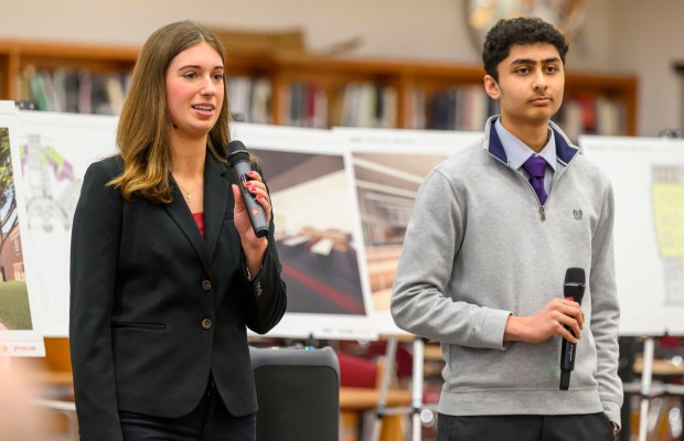 Parkland High School students Sarah Paugh and Rishi Ponda speak on Friday, March 6, 2026, during the groundbreaking for an 84,914-square-foot addition at Parkland High School in South Whitehall Township. That construction, plus renovations, is expected to be done by December 2027. The expansion and renovation will include 30 new classrooms, 16 new labs, two enclosed, outdoor courtyards, a renovated media center and cafeteria and a new athletics entrance and lobby. (April Gamiz/The Morning Call)