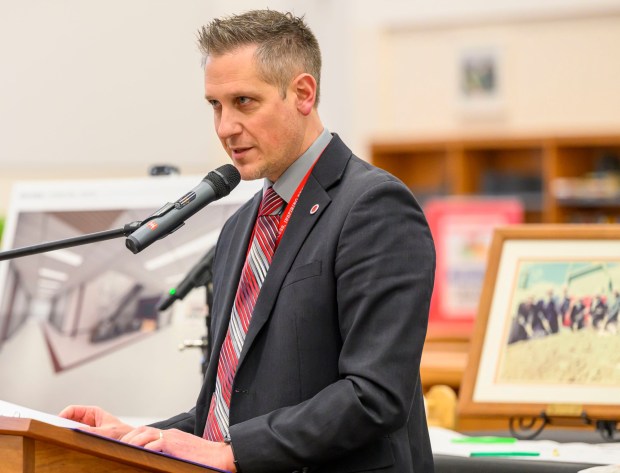 Timothy A. Chorones, Ed. D., Assistant Superintendent speaks Friday, March 6, 2026, during the groundbreaking for an 84,914-square-foot addition at Parkland High School in South Whitehall Township. That construction, plus renovations, is expected to be done by December 2027. The expansion and renovation will include 30 new classrooms, 16 new labs, two enclosed, outdoor courtyards, a renovated media center and cafeteria and a new athletics entrance and lobby. (April Gamiz/The Morning Call)