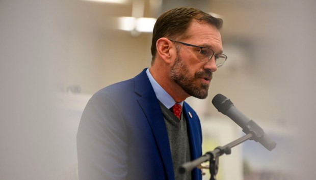 Nathan Davidson, Parkland High School Principal speaks Friday, March 6, 2026, during the groundbreaking for an 84,914-square-foot addition at Parkland High School in South Whitehall Township. That construction, plus renovations, is expected to be done by December 2027. The expansion and renovation will include 30 new classrooms, 16 new labs, two enclosed, outdoor courtyards, a renovated media center and cafeteria and a new athletics entrance and lobby. (April Gamiz/The Morning Call)