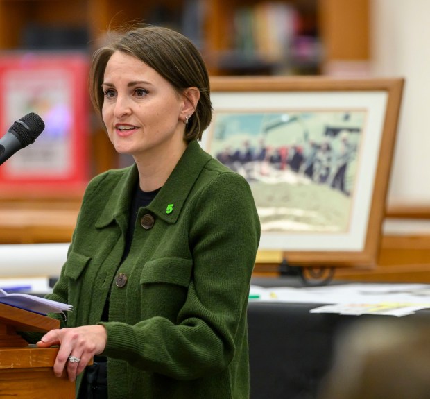 Jamie Bortz, Senior Project Manager, Alloy5 Architecture speaks on Friday, March 6, 2026, during the groundbreaking for an 84,914-square-foot addition at Parkland High School in South Whitehall Township. That construction, plus renovations, is expected to be done by December 2027. The expansion and renovation will include 30 new classrooms, 16 new labs, two enclosed, outdoor courtyards, a renovated media center and cafeteria and a new athletics entrance and lobby. (April Gamiz/The Morning Call)