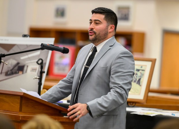 Victor Padilla, CFO, Eshbach Masonry speaks on Friday, March 6, 2026, during the groundbreaking for an 84,914-square-foot addition at Parkland High School in South Whitehall Township. That construction, plus renovations, is expected to be done by December 2027. The expansion and renovation will include 30 new classrooms, 16 new labs, two enclosed, outdoor courtyards, a renovated media center and cafeteria and a new athletics entrance and lobby. (April Gamiz/The Morning Call)