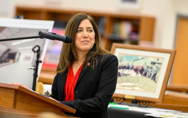 Michelle M. Minotti, Ed.D., Assistant Superintendent speaks on Friday, March 6, 2026, during the groundbreaking for an 84,914-square-foot addition at Parkland High School in South Whitehall Township. That construction, plus renovations, is expected to be done by December 2027. The expansion and renovation will include 30 new classrooms, 16 new labs, two enclosed, outdoor courtyards, a renovated media center and cafeteria and a new athletics entrance and lobby. (April Gamiz/The Morning Call)