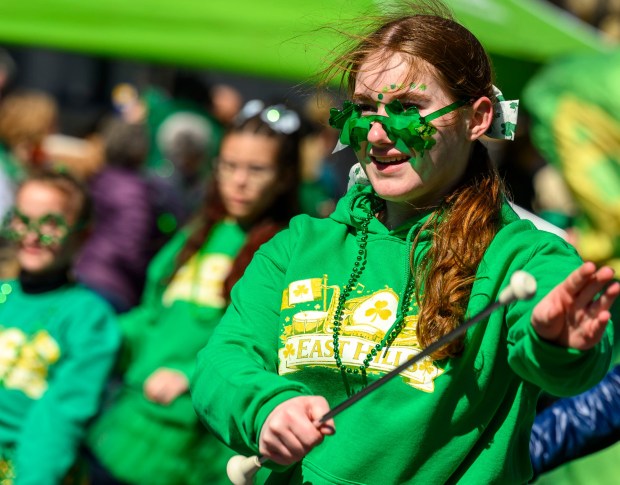 East Hills Middle School performs Saturday, March 14, 2026, during the 16th annual Parade of Shamrocks in downtown Bethlehem. The parade was presented by the Celtic Cultural Alliance and Historic Hotel Bethlehem. The St. Patrick's Day celebration featured pipe bands, school marching bands and community groups, starting on Broad Street and ending under the Hill-To-Hill Bridge.(April Gamiz/The Morning Call)