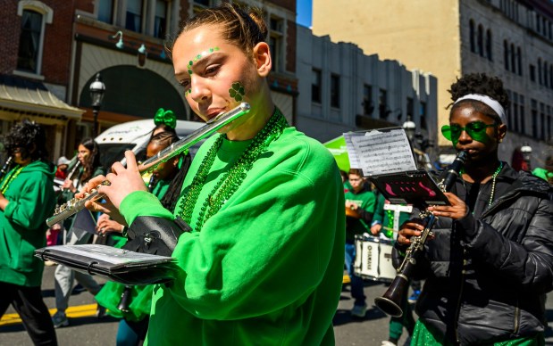 East Hills Middle School performs Saturday, March 14, 2026, during the 16th annual Parade of Shamrocks in downtown Bethlehem. The parade was presented by the Celtic Cultural Alliance and Historic Hotel Bethlehem. The St. Patrick's Day celebration featured pipe bands, school marching bands and community groups, starting on Broad Street and ending under the Hill-To-Hill Bridge.(April Gamiz/The Morning Call)