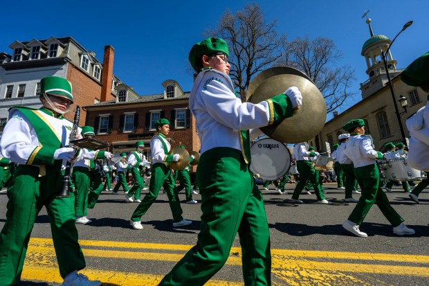 Northeast Middle School marching band performs Saturday, March 14, 2026, during the 16th annual Parade of Shamrocks in downtown Bethlehem. The parade was presented by the Celtic Cultural Alliance and Historic Hotel Bethlehem. The St. Patrick's Day celebration featured pipe bands, school marching bands and community groups, starting on Broad Street and ending under the Hill-To-Hill Bridge. (April Gamiz/The Morning Call)