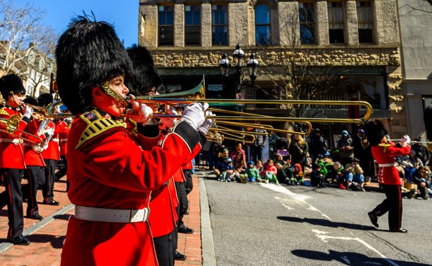 The Liberty High School Grenadier Band performs Saturday, March 14, 2026, during the 16th annual Parade of Shamrocks in downtown Bethlehem. The parade was presented by the Celtic Cultural Alliance and Historic Hotel Bethlehem. The St. Patrick's Day celebration featured pipe bands, school marching bands and community groups, starting on Broad Street and ending under the Hill-To-Hill Bridge. (April Gamiz/The Morning Call)